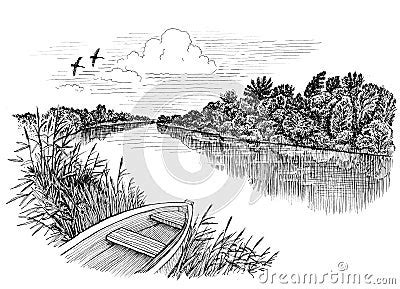 River Landscape Pencil Drawing