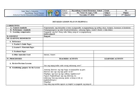 Lesson Plan Filipino 6 Ppt