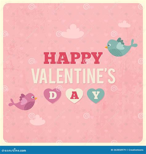 Valentine S Day Retro Illustration With Love Birds And Clouds Pink Vintage Valentines Day Card