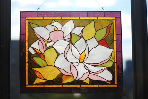 Stained Glass Window Panel Magnolia Flower Stained Glass Etsy Australia Stained Glass Window