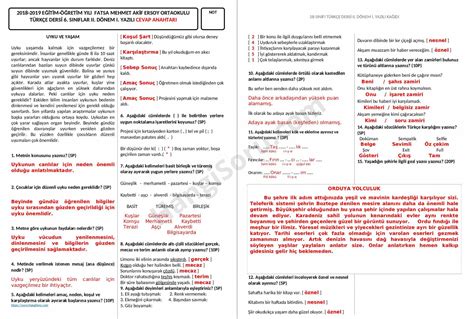 6 Sınıf Türkçe 2 Dönem 1 Yazılı Soruları Cevap Anahtarı HangiSoru