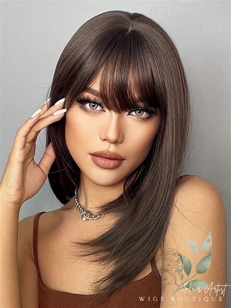 Dark Brown Synthetic Wig With Bangs Shoulder Length Straight Wig For