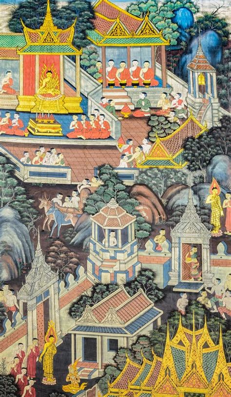 Ancient Thai Buddisht Mural Painting On Temple Wall Editorial Stock