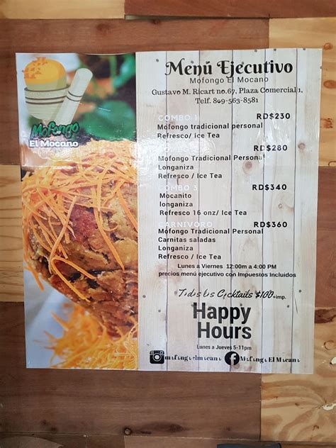 Carta del restaurante Mofongo El Mocano Gustavo Mejía Ricart Santo