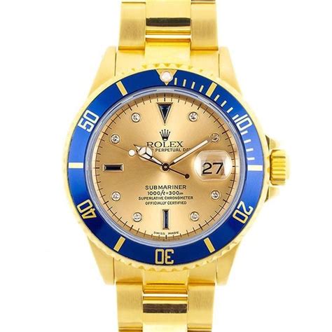 Pre Owned Rolex Mens Submariner Date 18k Gold Blue Diamond Serti Dial