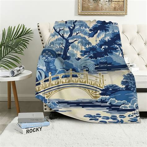 Aqua Blue And Gold Pagoda Bed Throws Blankets Asian Style Chinoiserie Soft Luxury Flannel