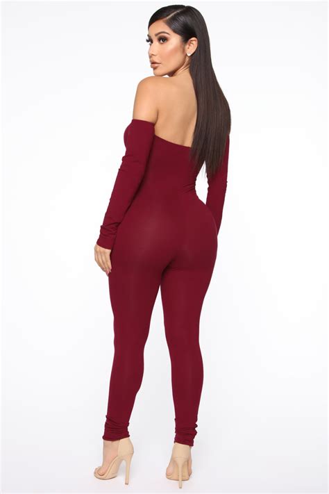 Soothe Off Shoulder Jumpsuit Burgundy Fashion Nova