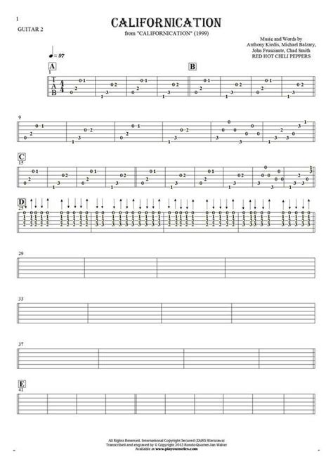 Californication Tablature For Guitar Guitar 2 Part Playyournotes