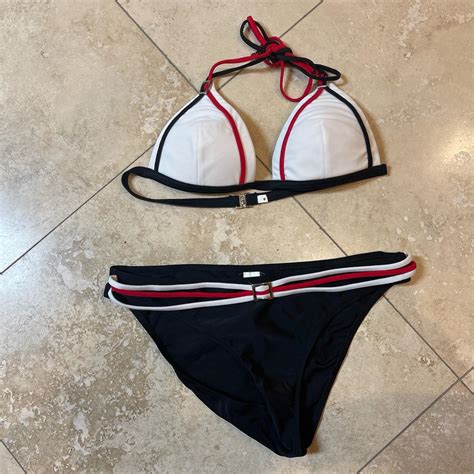 Navy Red And White Halter Top Bikini With Strap Depop