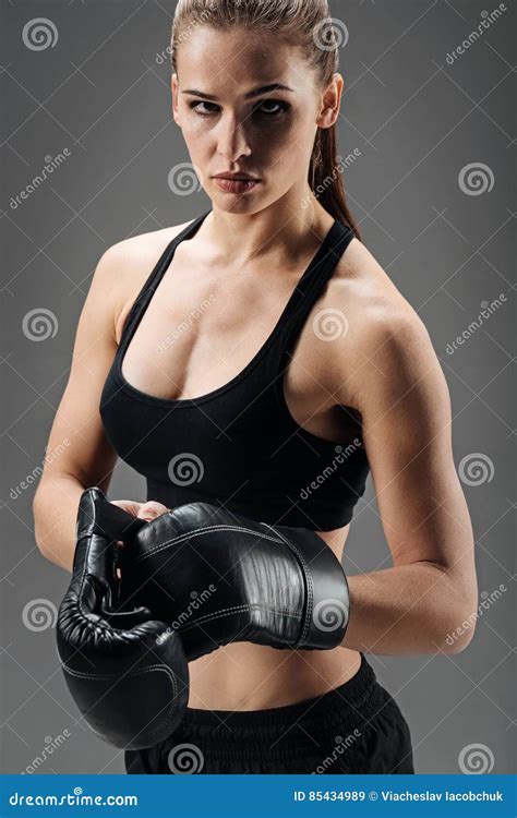 Concentrated Woman Wearing Boxing Gloves Stock Image Image Of