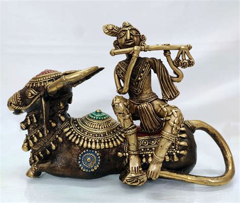 Lord Krishna Playing Flute On Nandi Dhokra Statue