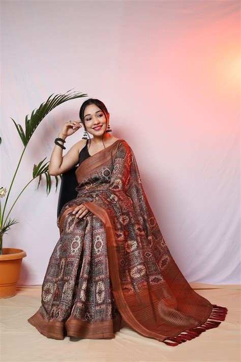 Buy Online Ajrakh Printed Chanderi Sarees With Zari Woven Border