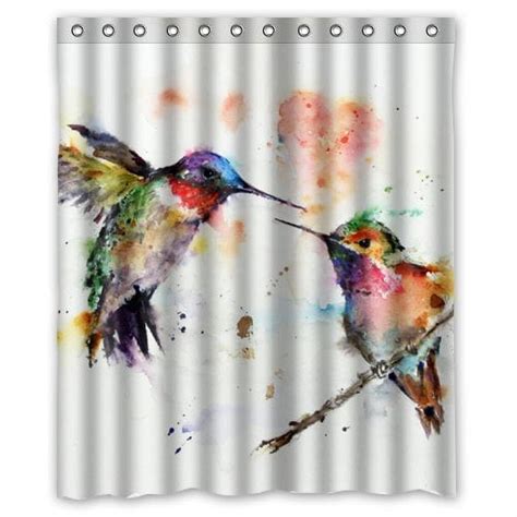 Greendecor Watercolor Hummingbird Art Waterproof Shower Curtain Set