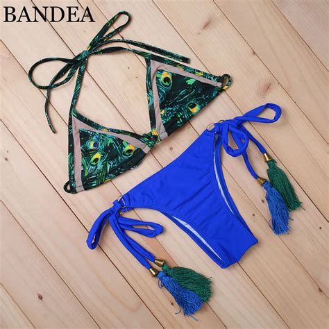 Bandea Sexy Women Print Bikini Deep Blue Biquini Handmade Fringe