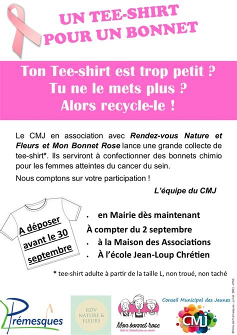 Collecte De Tee Shirt Challenge Mon Bonnet Rose Premesques