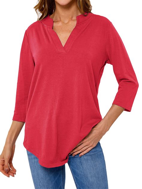 Women Solid Color V Neck 3 4 Sleeve Top