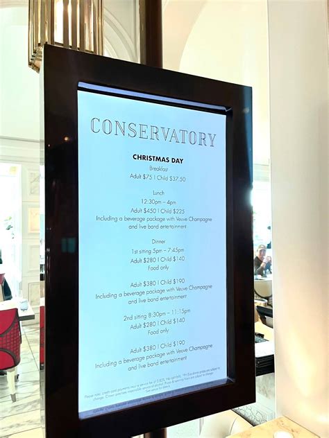 Menu at Conservatory restaurant, Southbank, Crown Melbourne