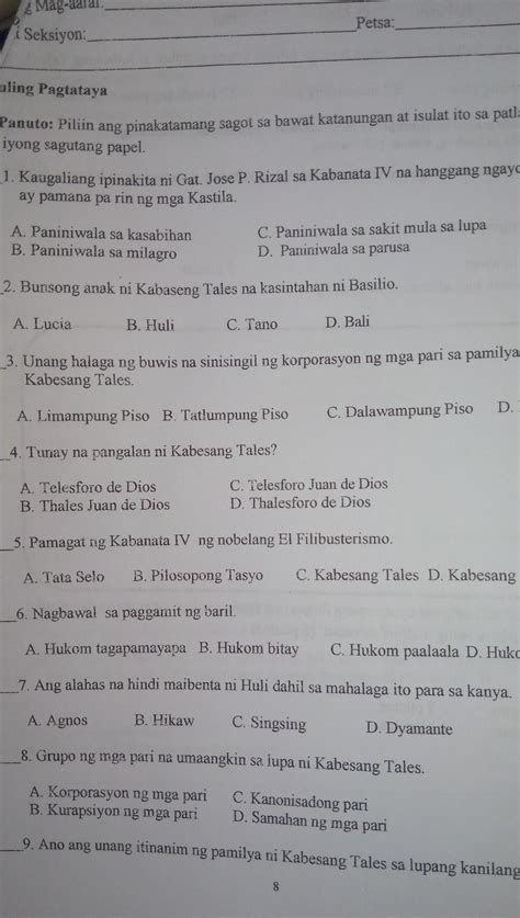 A Panuto Piliin Ang Pinakatamang Sagot Sa Bawatiyong Sagutang Papel1