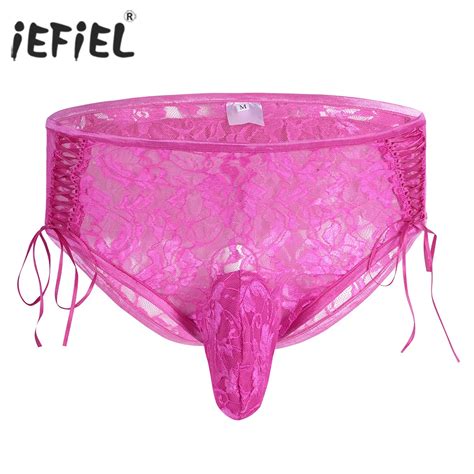 Iefiel Men Lingerie Panties Jockstraps Bulge Pouch Open Butt Gay Sissy Hole Lace Bikini Briefs