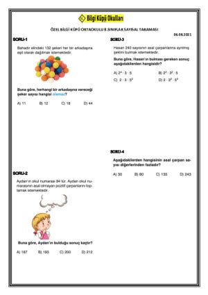 8 Sınıf Matematik Yeni Nesil Sorularla Çarpanlar ve Katlar Denemesi