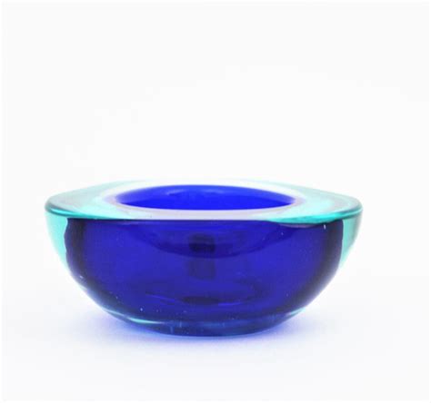 Archimede Seguso Murano Sommerso Blue Clear Glass Geode Bowl Italy