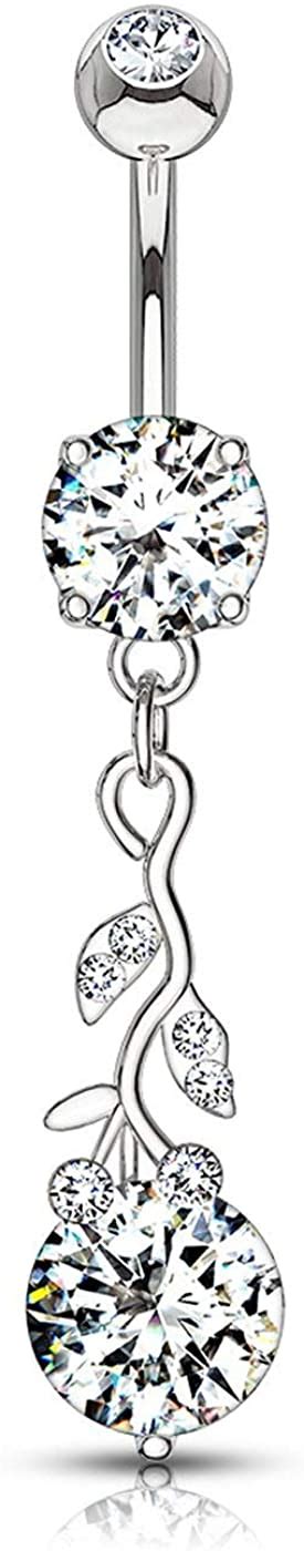 14g Surgical Steel Sexy Vine With Solitaire Cz Dangle Belly Ring Forbidden Body Jewelry