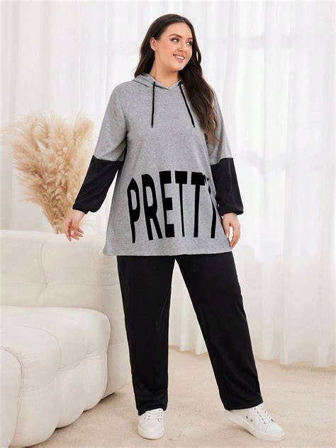 Shein Mulvari Plus Letter Graphic Drawstring Hoodie And Sweatpants