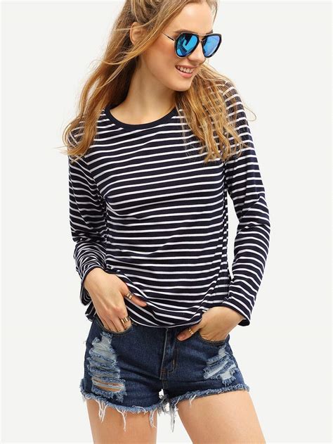 Long Sleeve Striped Blue T Shirtfor Women Romwe