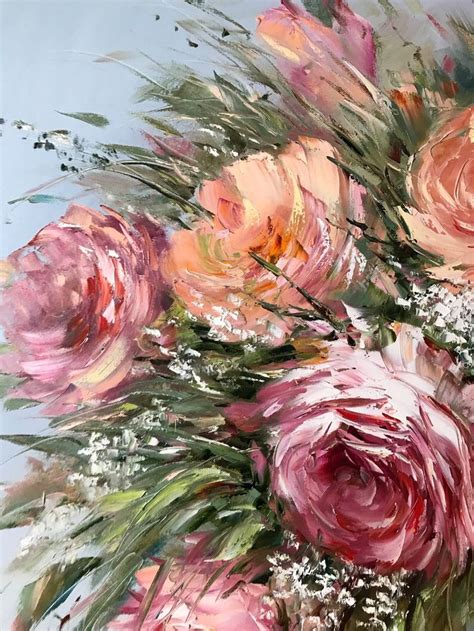 Large Flowers Oil Painting Original Pink Roses Wall Art Custom Bridal