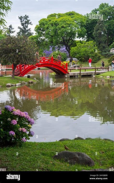 Japanese Garden With Red Wooden Bridge Near Plaza Italia In Buenos