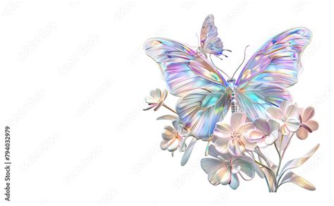 Pastel Holographic Butterfly And Flowers Clipart Isolated On White