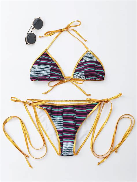 12 OFF Halter Metallic Print Micro Bikini Rosegal