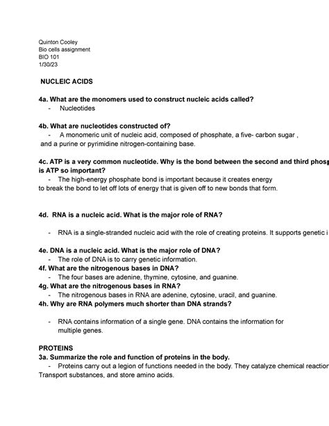 Bio Assignment Quinton Cooley Bio Cells Assignment Bio 101 1 30 Nucleic Acids 4a What Are