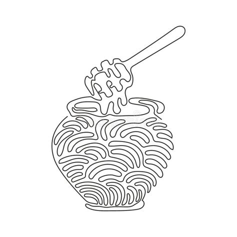 Continuous One Line Drawing Glass Pot Full Of Honey And Wooden Honey