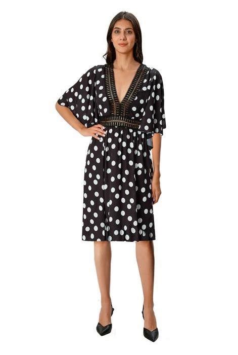 Shop Lace Trim Polka Dot Print Crepe Dress Eshakti