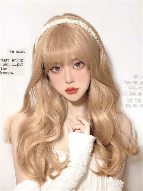 Long Body Wave Synthetic Wig With Bangs Long Curly Wig Kawaii