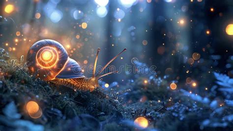 Mystical Glowing Snail In Enchanted Forest Generative Ai Stock Image