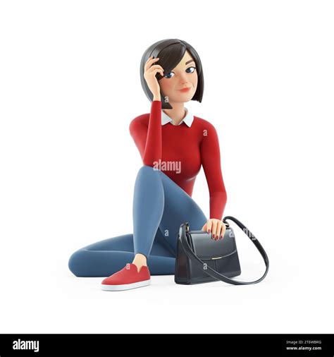 3d Casual Girl Sitting On Floor With Handbag Illustration Isolated On