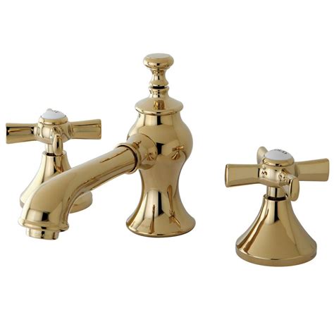 Kingston Brass Modern Cross 8 In Widespread 2 Handle Mid Arc Bathroom Faucet In Polished Brass