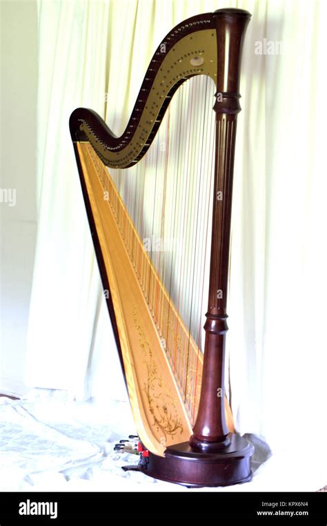 Concert Grand Pedal Harp Against White Curtains Stock Photo Alamy