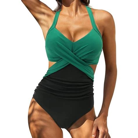 Maillot De Bain Femme 1 Pieces Gainant Piscine Slim Push Up Monokini Dos Nu Bikini Col En V