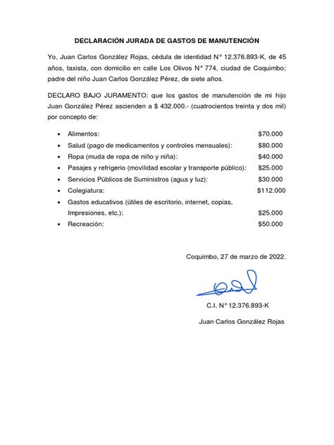 Declaracion Jurada De Gastos De Manutencion Pdf