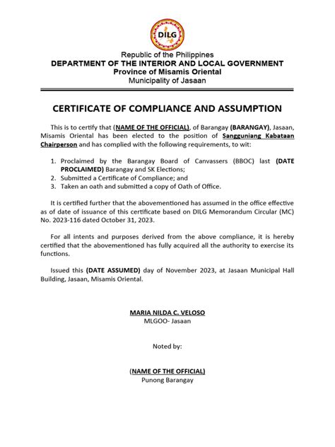 Assumption To Office Barangay Sk Template Pdf Governance Local