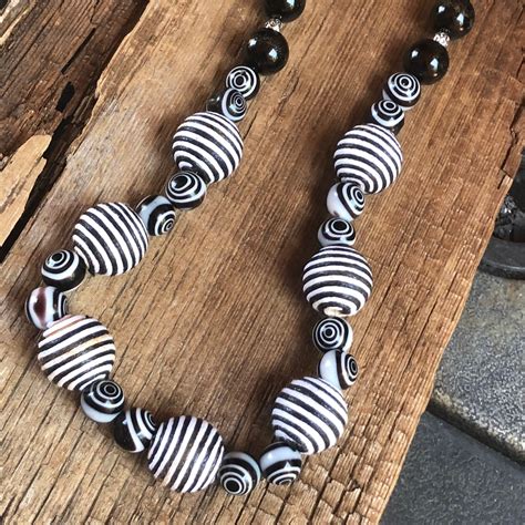 Long Funky Black White Beaded Necklace Black White Geometric Necklace