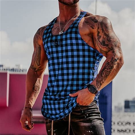 Men S Tank Top Vest Top Undershirt Sleeveless Shirt Graphic Plaid Crew Neck Hot Stamping Street