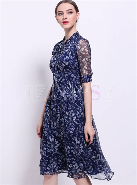 Dresses Skater Dresses Elegant Slim Print Silk Skater Dress