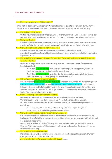 BWL Fragenkatalog Zusammenfassung BWL KLAUSURRELEVANTE FRAGEN Was