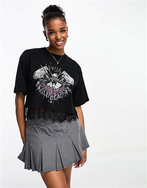 Miss Selfridge T Shirt Crop Top Style Festival Avec Imprimé Aigle Et