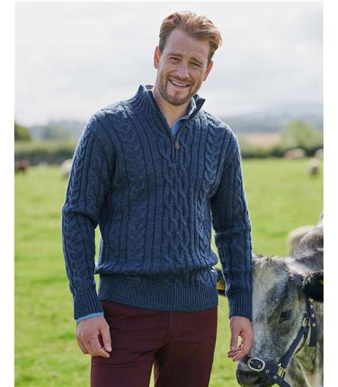 Jean chiné Pull irlandais en maille torsadée à col zippé Homme