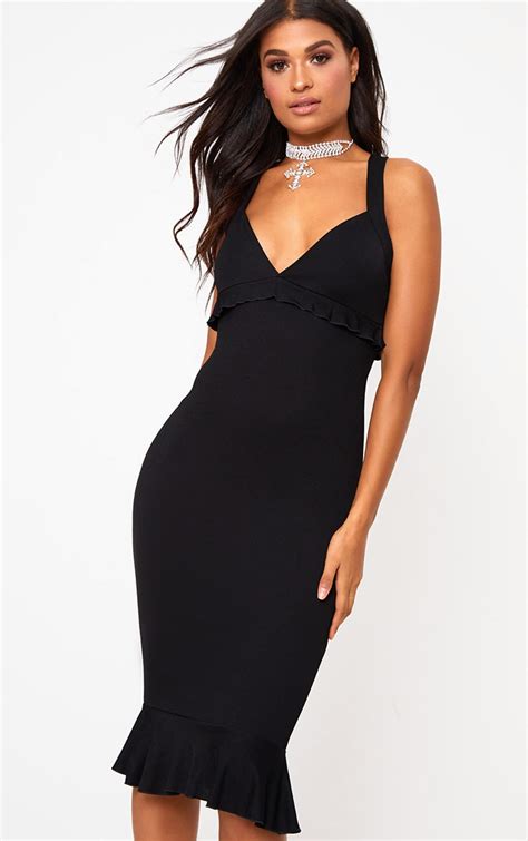 Black Frill Detail Midi Dress Dresses Prettylittlething